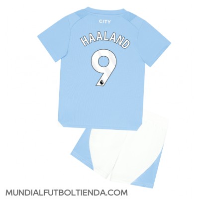 Camiseta Manchester City Erling Haaland #9 Primera Equipación Replica 2023-24 para niños mangas cortas (+ Pantalones cortos)